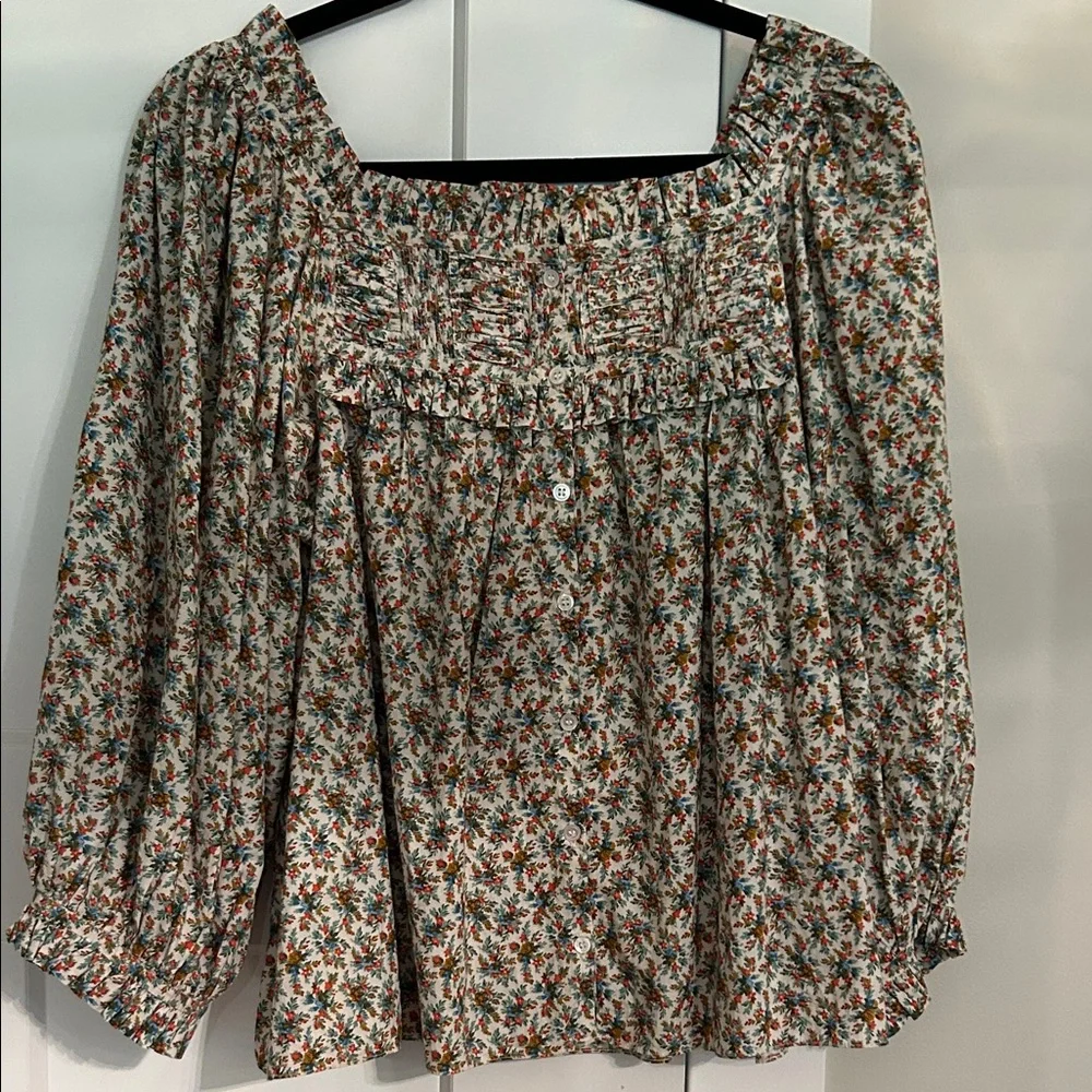 Doen Floral Peasant Blouse in Cream with Green and Rust Accents